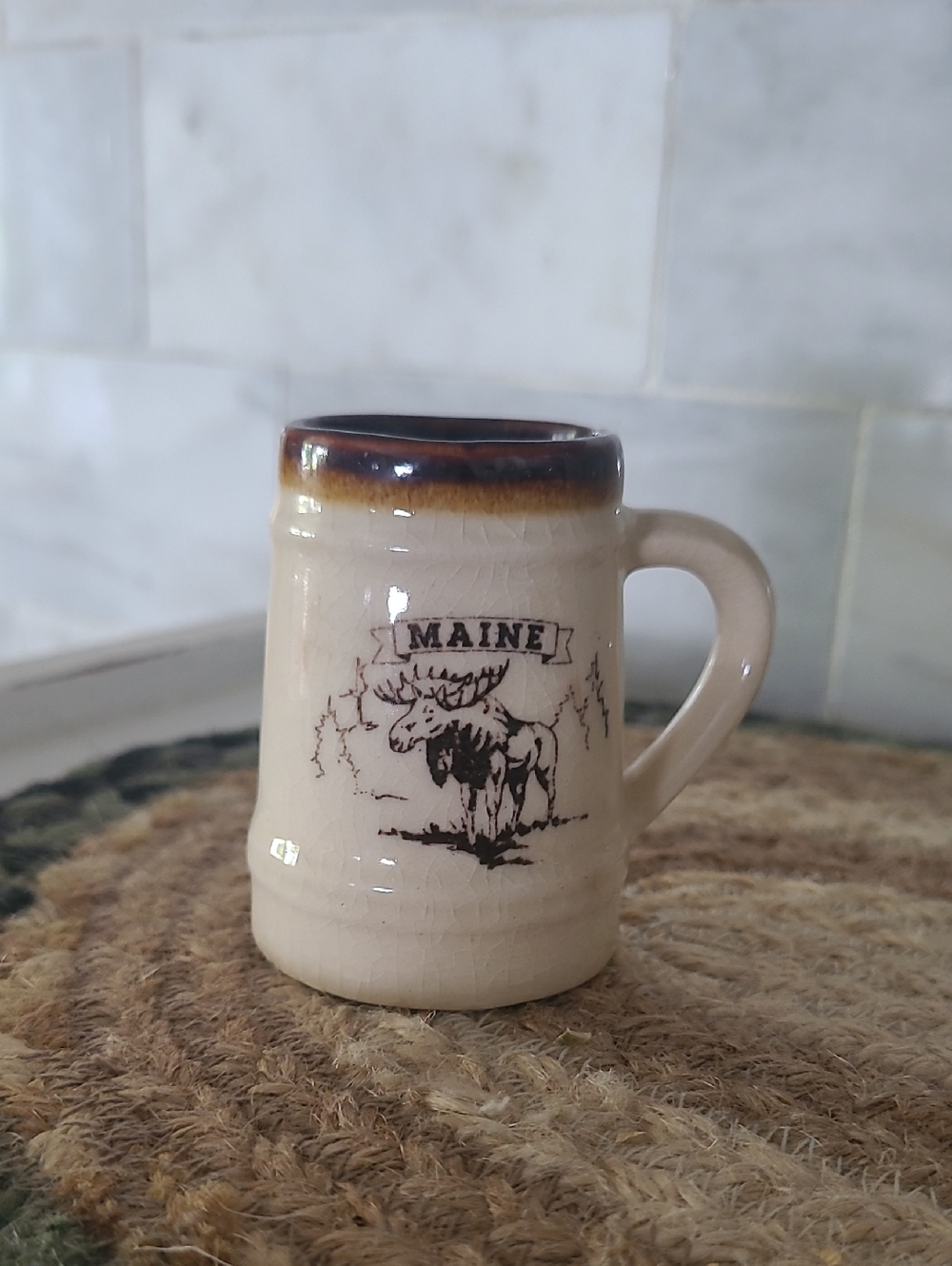 Maine Pottery Stoneware Mini Mug With Moose Brown Glazed Rim And Handle, Crazing